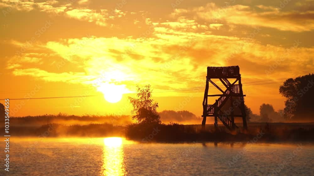 A wooden overlook tower at a lake during a tranquil, foggy sunrise in autumn. A wooden overlook tower at a lake during a tranquil, foggy sunrise in autumn.