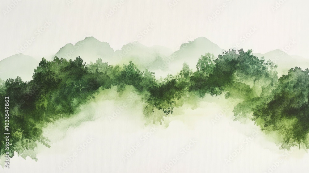 Fototapeta premium Watercolor mountain range. Tranquil watercolor painting of a mountain range obscured by mist and greenery. Peaceful, nature, landscape art.