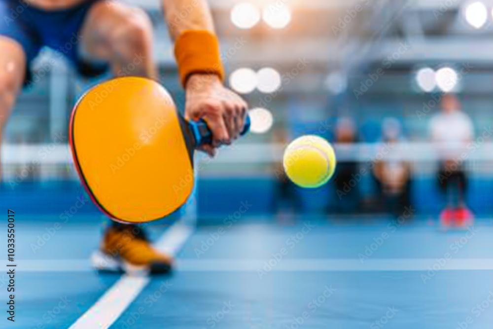 A sports player holding a bright pickleball paddle, ready to play indoors with a ball in the background. A sports player holding a bright pickleball paddle, ready to play indoors with a ball in the background.