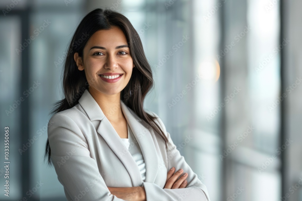 smiling hispanic businesswoman with blurred background smiling hispanic businesswoman with blurred background