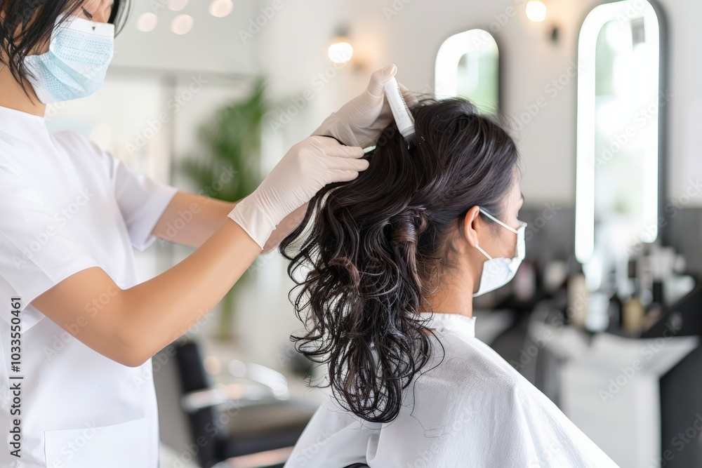 A hairstylist wearing a mask and gloves working on a client's hair in a salon, demonstrating a safe and hygienic haircut during the pandemic. A hairstylist wearing a mask and gloves working on a client's hair in a salon, demonstrating a safe and hygienic haircut during the pandemic.