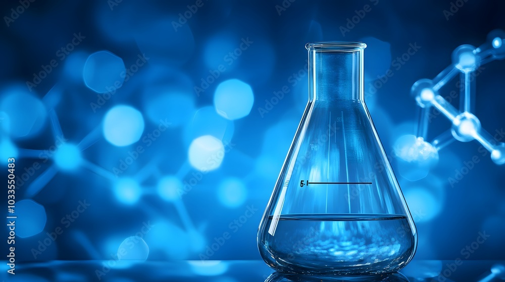 Glass Erlenmeyer Flask Filled with Blue Liquid on a Blue Background Glass Erlenmeyer Flask Filled with Blue Liquid on a Blue Background