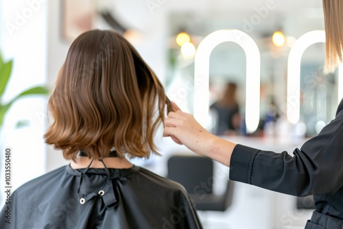 A hairstylist wearing a mask and gloves working on a client's hair in a salon, demonstrating a safe and hygienic haircut during the pandemic. photo