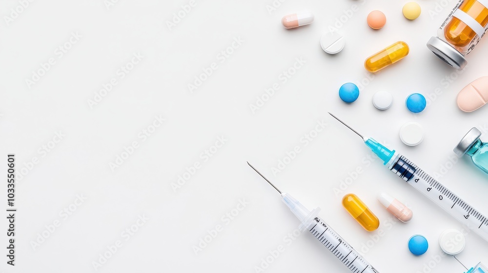 Colorful medications and syringes laid out on a white surface, ideal for health and wellness themes. Colorful medications and syringes laid out on a white surface, ideal for health and wellness themes.