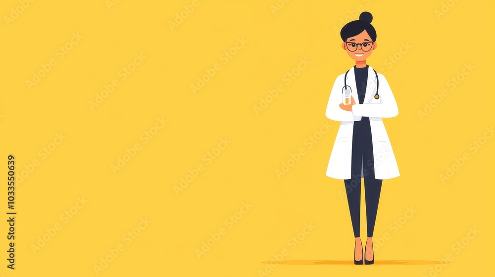 Illustration of a confident female doctor in a white coat, smiling against a bright yellow background, perfect for medical themes. Illustration of a confident female doctor in a white coat, smiling against a bright yellow background, perfect for medical themes.