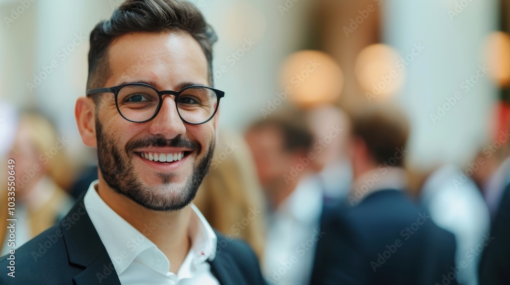 Confident business professional wearing glasses, smiling at a corporate networking event, surrounded by blurred people in the background. Confident business professional wearing glasses, smiling at a corporate networking event, surrounded by blurred people in the background.