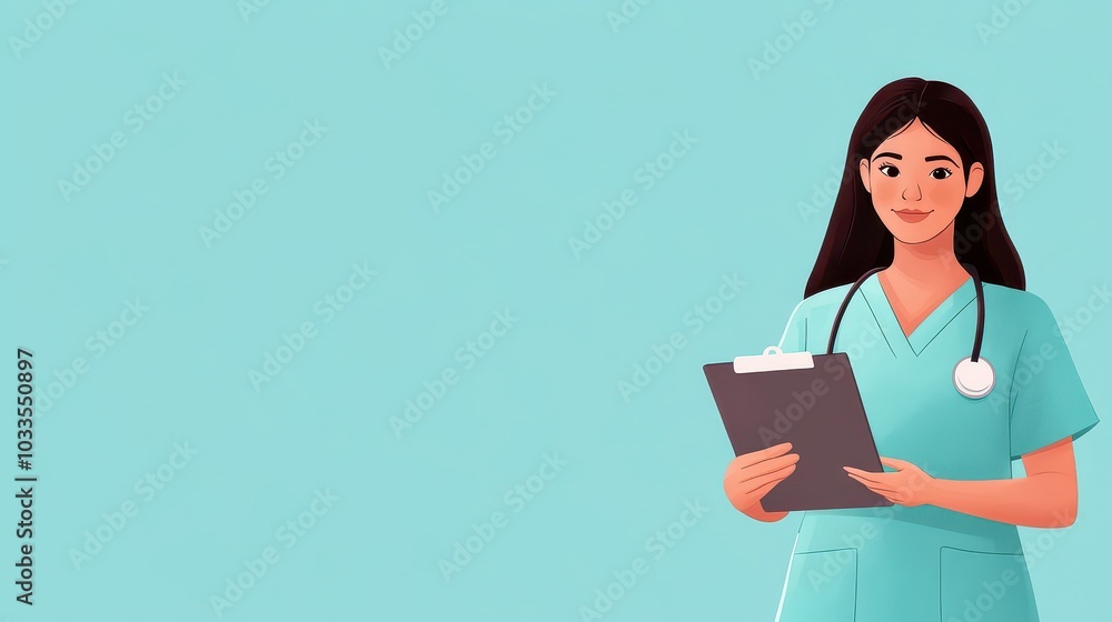 A confident healthcare professional holding a clipboard, wearing scrubs, standing against a light blue background. A confident healthcare professional holding a clipboard, wearing scrubs, standing against a light blue background.