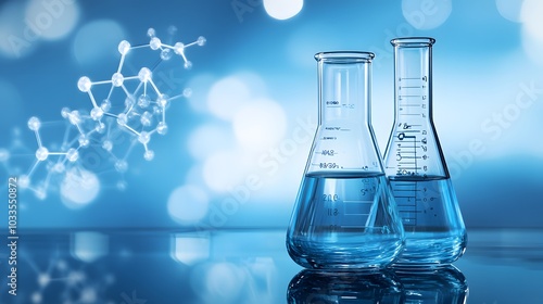 Two Glass Flasks Filled with Blue Liquid and a Molecular Structure