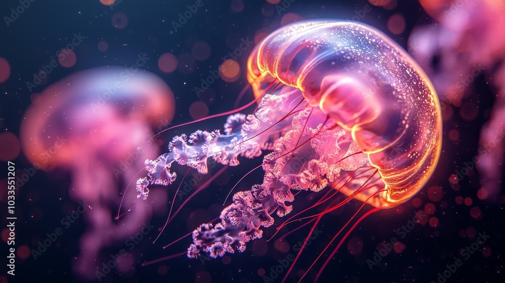 Glowing Pink and Orange Jellyfish in Ocean Water Glowing Pink and Orange Jellyfish in Ocean Water