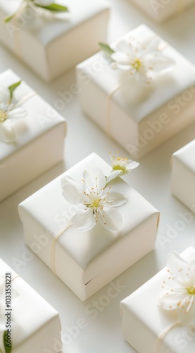 A close-up of white wedding gift boxes, adorned with delicate jasmine flowers and placed on the table