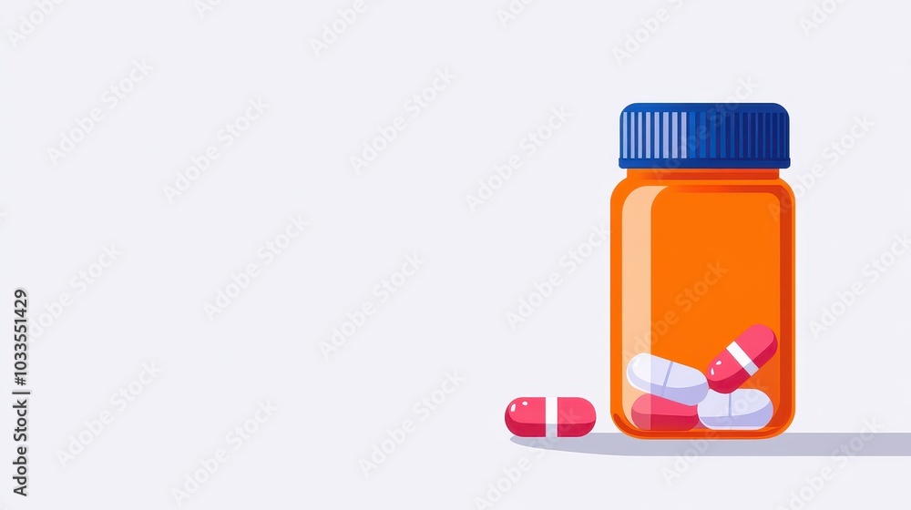 An illustration of a pill bottle with colorful capsules, representing healthcare, medication, and wellness in modern design. An illustration of a pill bottle with colorful capsules, representing healthcare, medication, and wellness in modern design.