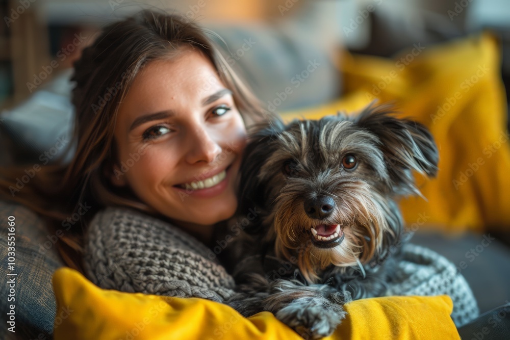 A young woman cuddling with her black-and-white dog on a cozy couch, both looking directly at the camera with happy expressions. A young woman cuddling with her black-and-white dog on a cozy couch, both looking directly at the camera with happy expressions.