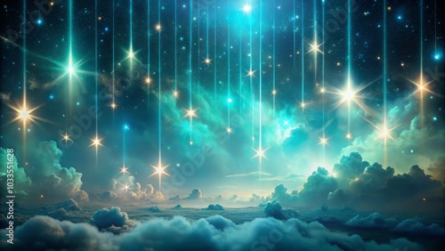 Enchanted Night Sky with Opalescent Teal Lights and Clouds - Stunning Celestial Scene of Stars and Bifrost Effects photo