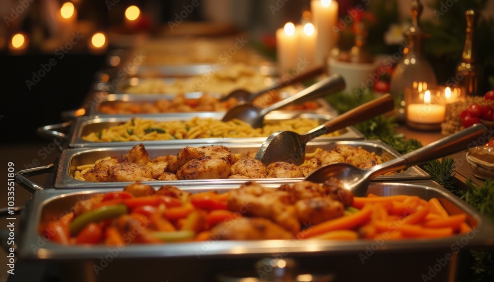 A buffet table is filled with a variety of hot dishes under warm lighting, with serving utensils placed for self-service. The image conveys a dining experience, hospitality, and event catering. A buffet table is filled with a variety of hot dishes under warm lighting, with serving utensils placed for self-service. The image conveys a dining experience, hospitality, and event catering.
