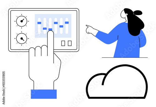 A hand adjusts a digital control panel while a woman points towards it and a cloud symbol sits below. Ideal for technology, control systems, cloud storage, user interfaces, digital interaction