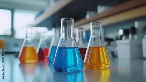 Close-up of Glass Flasks Filled with Colored Liquids in a Laboratory Setting