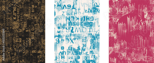 Set of posters with glitch distorted grunge texture. Poster collection texture with halftone dots, glitched shapes, textures and lines .Screen print vector poster pack with grunge textured surface