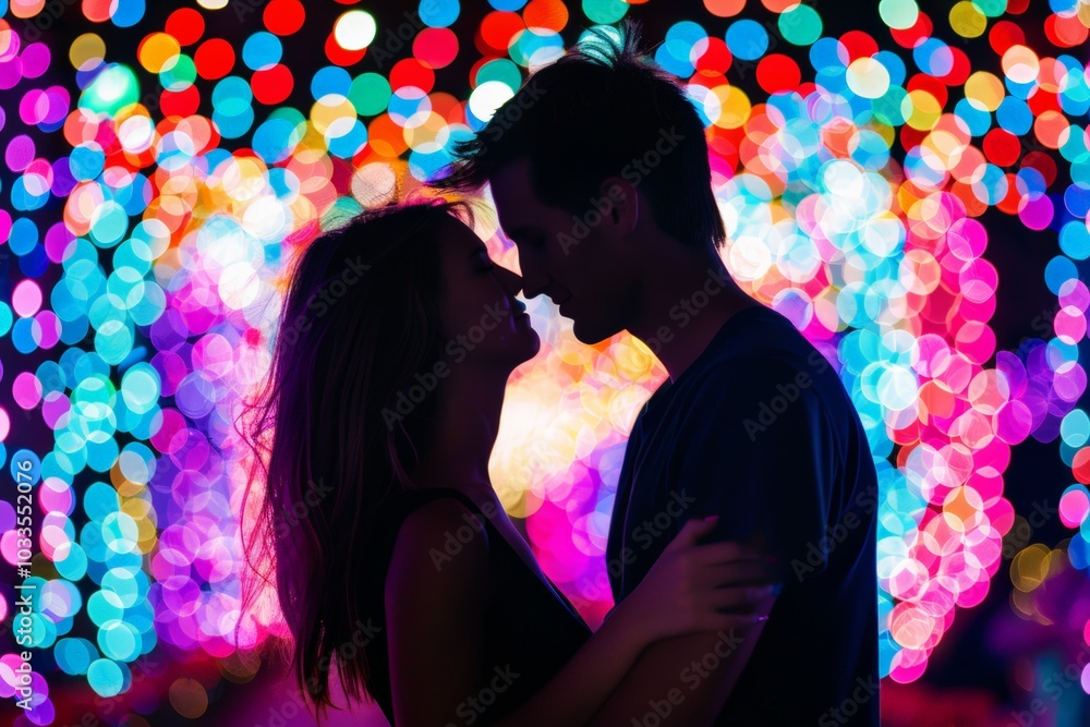 A couple sharing an intimate moment under vibrant, colorful lights. Their silhouettes create a romantic and magical atmosphere, emphasizing love and connection in a dreamy, festive setting. A couple sharing an intimate moment under vibrant, colorful lights. Their silhouettes create a romantic and magical atmosphere, emphasizing love and connection in a dreamy, festive setting.