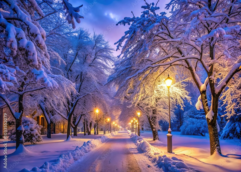 Enchanted Winter Night: Snow-Covered Trees Under Blue Violet Streetlight Glow Enchanted Winter Night: Snow-Covered Trees Under Blue Violet Streetlight Glow