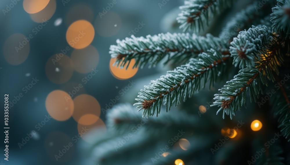 A close-up of a snow-covered pine branch with glowing bokeh lights in the background. The image represents winter, nature, and the festive holiday season. A close-up of a snow-covered pine branch with glowing bokeh lights in the background. The image represents winter, nature, and the festive holiday season.