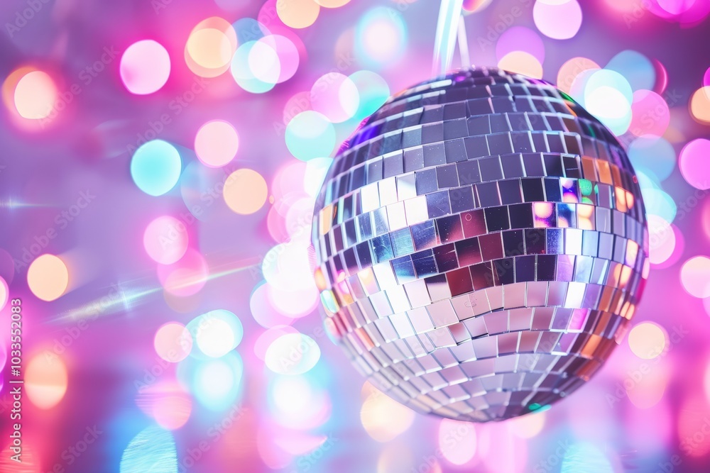Obraz premium A close-up of a shiny disco ball reflecting soft, colorful lights on a vibrant pink background. The minimalistic, retro aesthetic creates a playful and energetic atmosphere, perfect for a party scene.