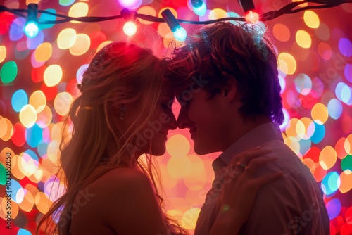 A couple sharing an intimate moment under vibrant, colorful lights. Their silhouettes create a romantic and magical atmosphere, emphasizing love and connection in a dreamy, festive setting.