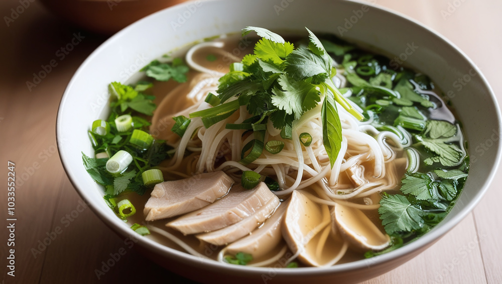 Pho Ga Soup Bowl, Traditional Vietnamese Chicken Noodle Broth with Rice Noodles, Asian Cuisine Pho Ga Soup Bowl, Traditional Vietnamese Chicken Noodle Broth with Rice Noodles, Asian Cuisine