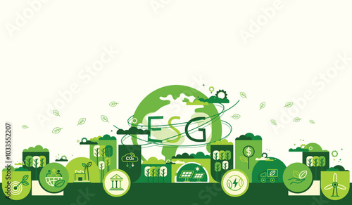 ESG concept with icons for business and organization, Environment, Social, Governance and sustainability development. Green vector illustration, Industry and company to the direction of low emissions.