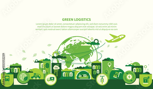 The concept of green logistics and supply chain with icons. Sustainable development, economy and clean, greenhouse-free transport in the form of electric, hybrid or hydrogen propulsion vector.