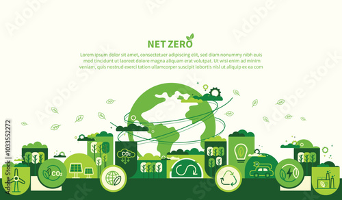Net zero and carbon neutral concept. Net zero greenhouse gas emissions target. Climate neutral long term strategy with green net zero icons. Environment web banner with green city vector template.
