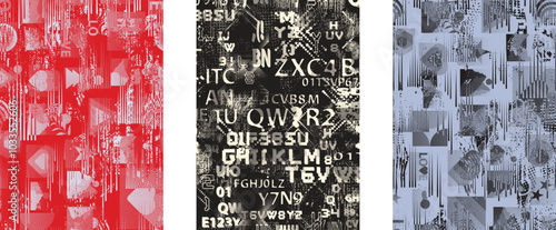 Set of posters with glitch distorted grunge texture. Poster collection texture with halftone dots, glitched shapes, textures and lines .Screen print vector poster pack with grunge textured surface