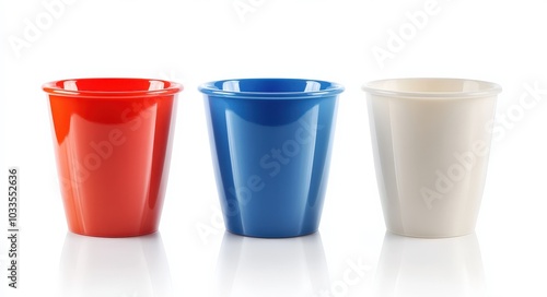 Empty Plastic Cup Trio. Three Colorful Cups in Blue, White, and Isolated Background