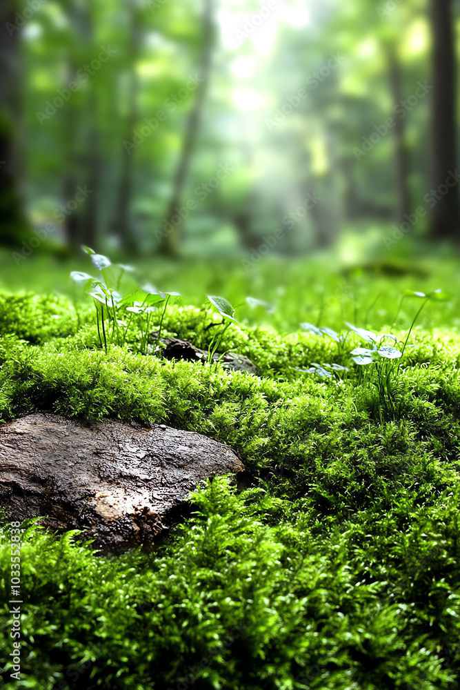 Moss-covered ground in sunlit forest. Moss-covered ground in sunlit forest.