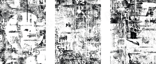 Set of posters with glitch distorted grunge texture. Poster collection texture with halftone dots, glitched shapes, textures and lines .Screen print vector poster pack with grunge textured surface