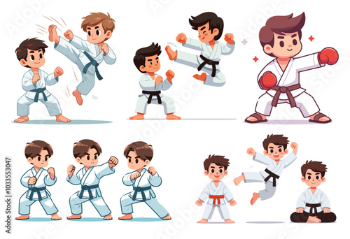 Karate kids in dynamic poses, cartoon style, energetic illustration for martial arts events
