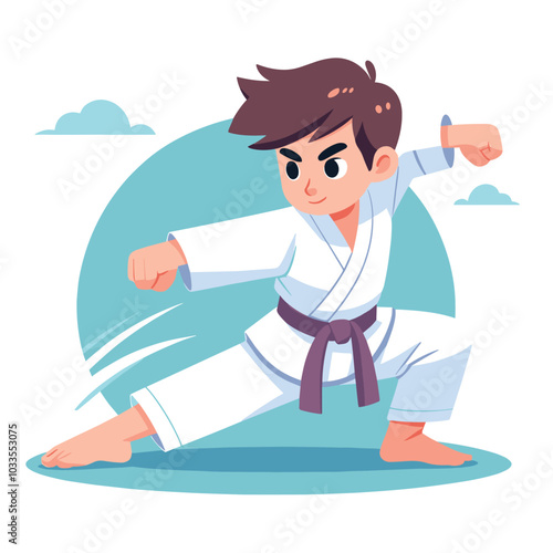 Determined boy practicing martial arts in blue background, cartoon style, kids' activity poster