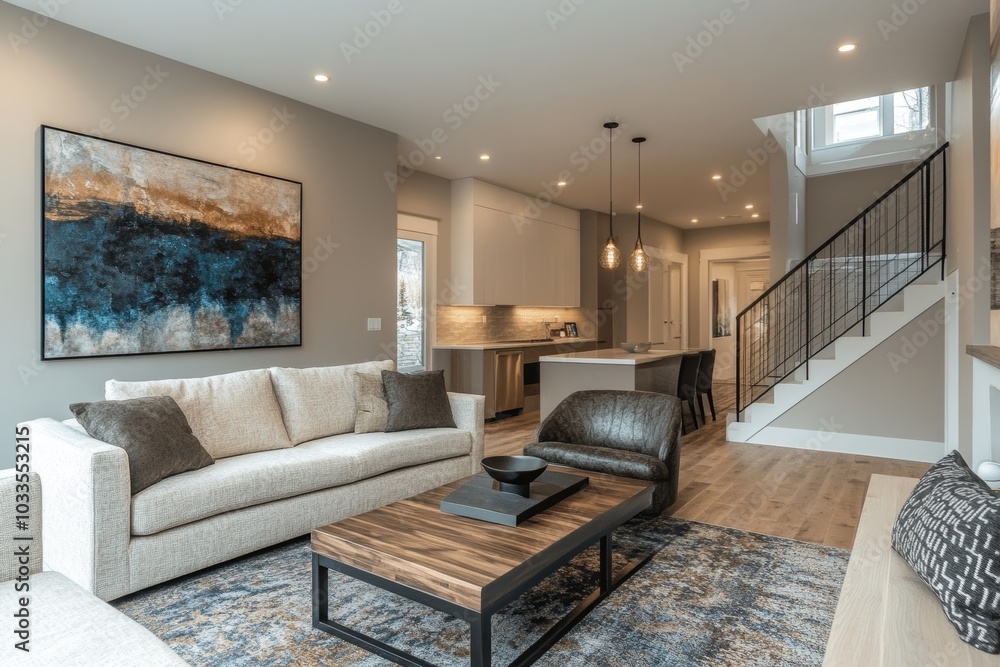 Fototapeta premium Modern Earth-Tone Interior. An earth-toned, modern living room with cozy furniture and abstract wall art. Perfect for promoting warm, inviting home, Generative AI
