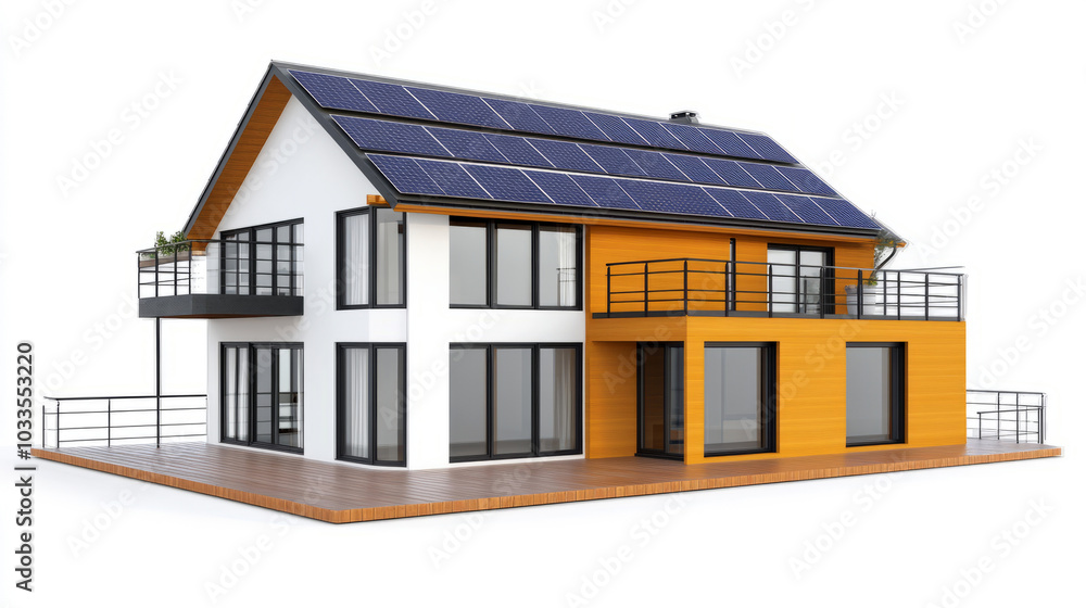 3D rendering of a modern house with solar panels, isolated on a white background. 3D rendering of a modern house with solar panels, isolated on a white background.