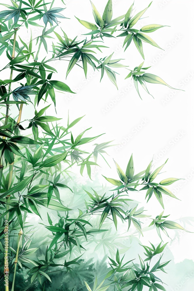 Fototapeta premium A serene background featuring a lush bamboo forest, with vibrant green bamboo stalks and delicate leaves creating a tranquil atmosphere. The image captures the essence of nature's beauty and simplicit