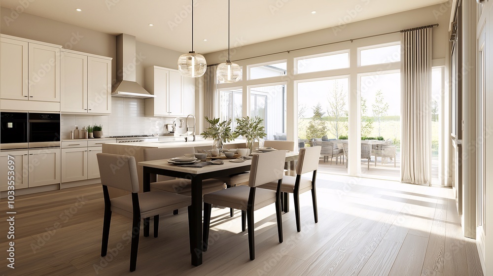 Bright Modern Kitchen with Dining Table and Garden View Bright Modern Kitchen with Dining Table and Garden View