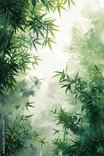 A serene background featuring a lush bamboo forest, with vibrant green bamboo stalks and delicate leaves creating a tranquil atmosphere. The image captures the essence of nature's beauty and simplicit