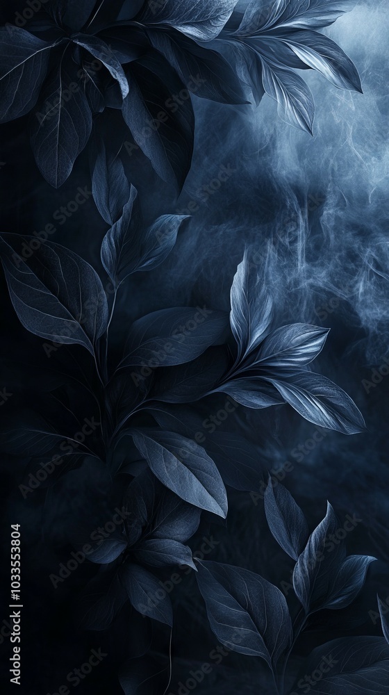 Dark foliage. Silhouettes of leaves in a dark blue haze, suggesting mystery and secrecy. Dark foliage. Silhouettes of leaves in a dark blue haze, suggesting mystery and secrecy.