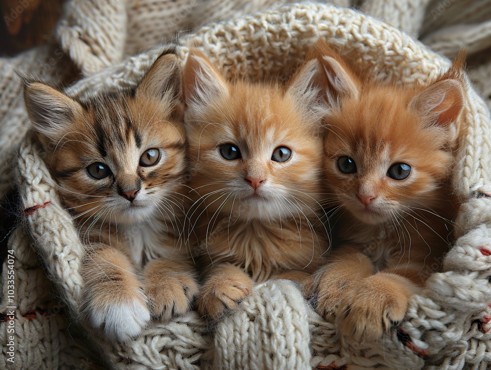 Three Adorable Kittens Snuggling in a Cozy Sweater Three Adorable Kittens Snuggling in a Cozy Sweater