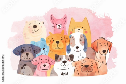 A cute group of pets dressed in cozy winter hats and scarves celebrating 