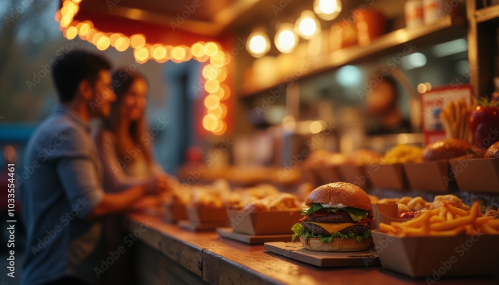 Fototapeta premium A lively night market scene with people dining outdoors, surrounded by food stalls and warm lighting. The image captures socializing, street food, and the vibrant atmosphere.