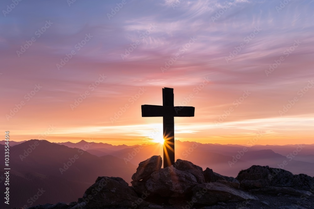 A serene sunrise over a mountain peak with a wooden cross, symbolizing faith, hope, and spiritual reflection. The warm sunrise casts a golden glow over the rocky landscape. A serene sunrise over a mountain peak with a wooden cross, symbolizing faith, hope, and spiritual reflection. The warm sunrise casts a golden glow over the rocky landscape.