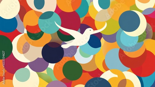 Bird circle design. White bird flying through colorful circles, representing freedom and joy. Abstract design with vibrant colors.