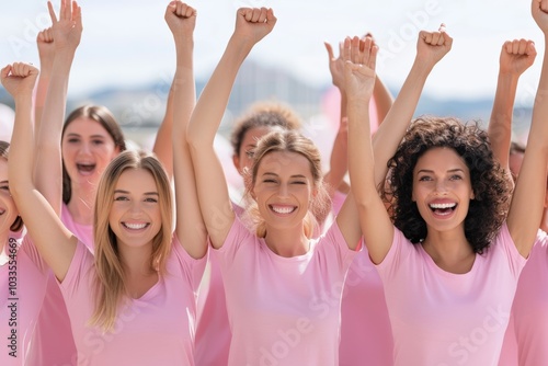 A group of young women raising their arms in celebration, wearing matching pink shirts. The image represents unity, empowerment, and joy as they participate in an outdoor event.