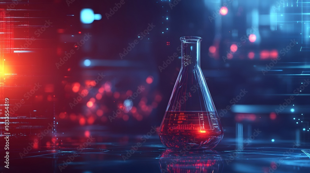 A Single Erlenmeyer Flask with Red Liquid in a Futuristic Laboratory Setting A Single Erlenmeyer Flask with Red Liquid in a Futuristic Laboratory Setting