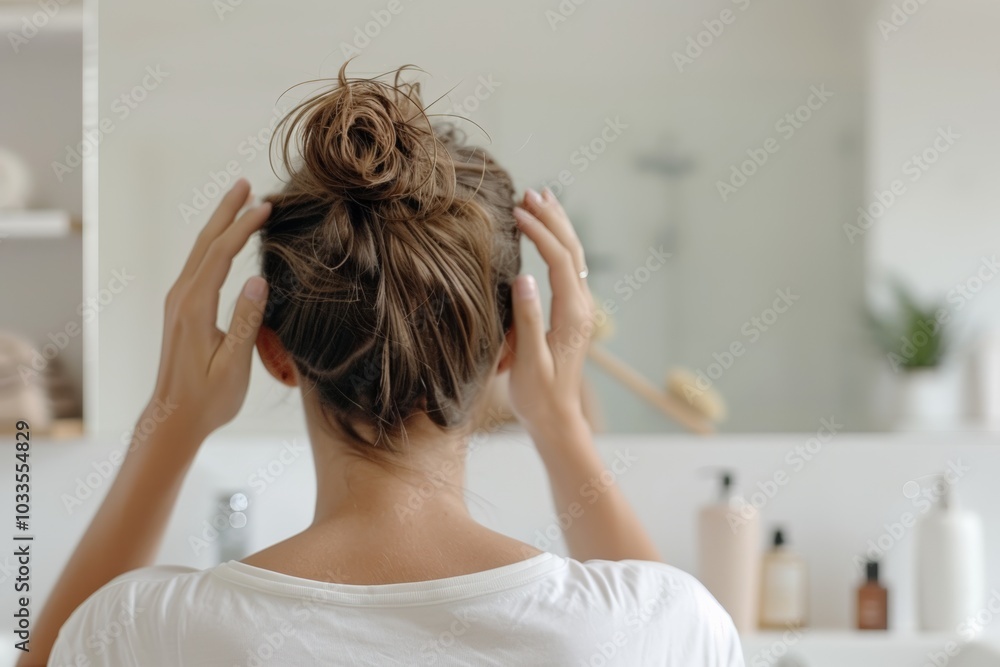 Naklejka premium A woman examining her hair in the mirror with concern, standing in a bathroom.